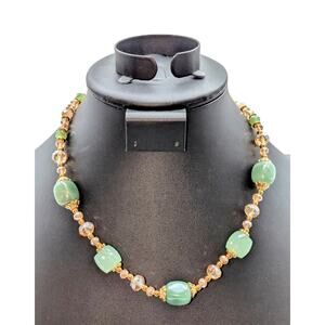 Gold Tone Green Stone Faceted Pale Green Acrylic Champagne Crystal Necklace